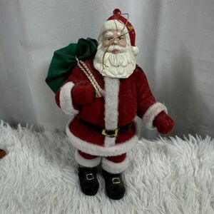 Vintage Flocked Felt Plastic Santa Claus‎ 7" Ornament Green Bag & Jingle Bell